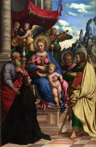 Madona s dítětem s anděly, světci a dárcem od Girolamo da Treviso the Younger