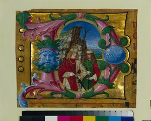 Historická iniciála D Vyříznutá ze sborové knihy: Dva mučedníci, c. 1500-1510.