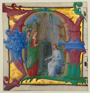 Iluminace rukopisu se Svatými ženami u hrobu v iniciále A..., ca. 1490-1500.