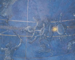 Cesta Slunce mezi hvězdami v noci 4. července 1442, detail Blíženců a Raka, z podhledu nad oltářem, kolem 1430 (detail 85088) od Giuliano dArrighi Pesello