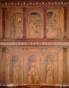 Skříňky po restaurování v severní sakristii (Sacrestia delle Messe) zobrazující Zvěstování a trůnící biskup (intarzované dřevo) (viz 143298)