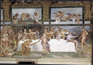 Přípravy na banket bohů na svatbu Amora a Psyché, detail od Giulio (1483 1520) Romano