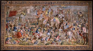 Vlámský gobelín. Série The Acts of Scipio: Bitva u Zamy. Karikaturista Giulio Romano. Ateliér Balthasara van Vlierdena (?), Brusel. 1523-1532. od Giulio (after) Romano