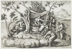 Latona Giving Birth to Apollo and Diana, vyryla Diana Mantovana (nar. 1535), po roce 1575 (rytina) od Giulio (after) Romano