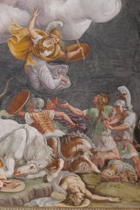 Bitva, detail, Trojský kůň, Trojská komnata (Sala di Troia) od Giulio (and workshop) Romano