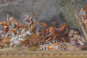 Detail představující bitvu, Trojský kůň, Trójská komnata (Sala di Troia)