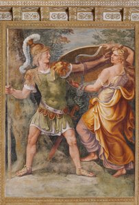 Thetis dává Achilleovi zbraně ukované Héfaistosem (Vulkán), Trojský kůň, Trójská komnata (Sala di Troia)