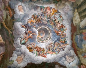 Zeus obklopený dalšími bohy Olympu vrhajícími blesky na obry a ničící je, klenba a jižní a západní zdi, Komnata obrů (Sala dei Giganti)