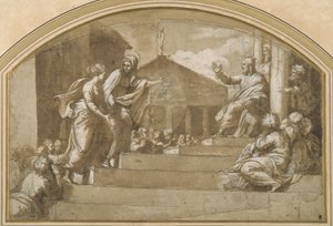 Marta přivádí Marii Magdalenu ke Kristu (pero a inkoust na papíře) od Giulio (attr. to) Romano