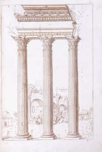 Sloupce chrámu Castora a Polluxa, s chrámem míru v pozadí, kolem roku 1550 (originální kresba černou křídou, perem a hnědým inkoustem) od Giulio (circle of) Romano