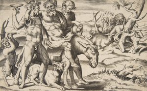 Opilý Silenus jedoucí na oslu podporovaný satyry, 1531-76.