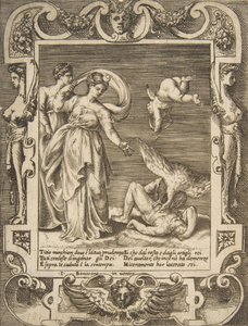 Sup požírající vnitřnosti Titia, Amor nad dvěma ženami nalevo, zasazený do..., 1531-76. od Giulio Bonasone