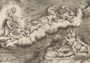 Alegorie vycházejícího slunce, nahého muže s rubášem a doprovodu Otce Time..., 1531-76. od Giulio Bonasone