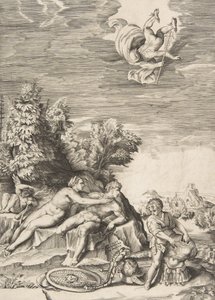 Calypso se snaží zadržet Ulysses jako dítě připravuje jeho brnění vpravo a Merkur fa..., 1531-76. od Giulio Bonasone