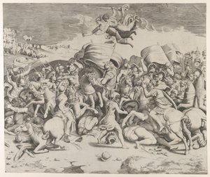 Konstantin poráží tyrana Maxentia, nad ním létají andělé s meči, 1544., 1544. od Giulio Bonasone