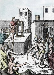 Trest smrti: vykonání rozsudku smrti s předkem gilotiny (stroj a dekolace) v Itálii zvaný Mannaia a navržený Achillem Bocchim, v roce 1555““ Rytina Giulio Buonasone (Bonasone) (1498-1574) (reprezentace Manna