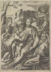 Svatá rodina s mladým Janem Křtitelem a Marií Magdalenou od Giulio Bonasone