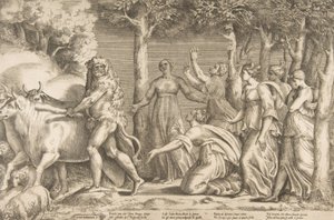 Herkules odhánějící dobytek z Geryonu, vpravo jsou nymfy Hesperidek, ..., 1531-76.