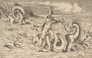 Herkules bojuje s drakem uprostřed, Achelous odnáší Deianeira vlevo nahoře, 1531-76.
