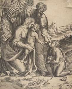 Svatá rodina se svatým Janem Křtitelem, který klečí vpravo, 1531-76. od Giulio Bonasone