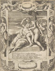 Ixion objímá mrak, myslí si, že je to Juno, Amor vpravo, zasazený do elaboru..., 1531-76. od Giulio Bonasone