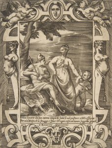 Jupiter vlevo v podobě pastýře doprovázeného Mnemosyne, zasazený do elabo..., 1531-76. od Giulio Bonasone
