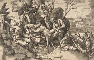 Jupiter kojený kozou Amaltheou, 1531-76. od Giulio Bonasone