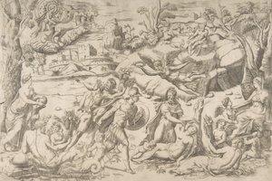 Mars a Rhea Silvia: uprostřed Mars drží štít a meč, Rhea Silvia spí..., cca 1531-76. od Giulio Bonasone