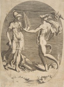 Merkur představuje Panpipe Minervě, která stojí vlevo, oválná kompozice, 1531-76. od Giulio Bonasone