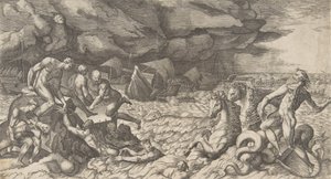 Neptun uklidnil Bouři Aeolus vznesenou proti flotile Aeneas, 1531-76. od Giulio Bonasone