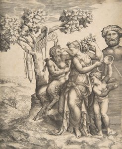 Vlevo pánev sedící vedle stojící nymfy, vpravo Amor držící činely, 1531-76. od Giulio Bonasone