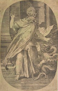 Svatý Pavel překonávající zmiji, v architektonickém prostředí, oválná kompozice, ca. 1540-70. od Giulio Bonasone