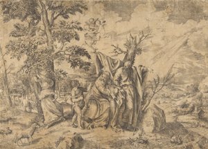 Odpočinek na útěku do Egypta, Josef vpravo, Panna drží Ježíška v..., 1531-76. od Giulio Bonasone