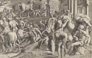 Trojané táhli dřevěného koně do Tróje, 1545. od Giulio Bonasone