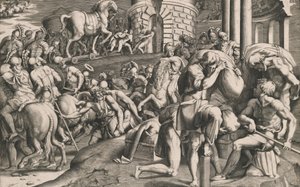Trojané táhnoucí dřevěného koně do města, 1545. od Giulio Bonasone