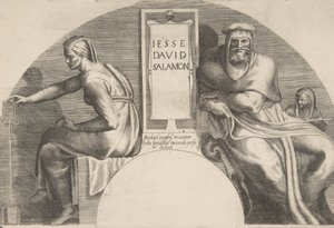 Předkové Krista lemující desku s nápisem, klenutá horní kompozice, 1531-76. od Giulio Bonasone