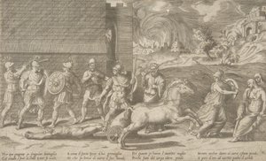 Souboj Hektora a Achilla a Achilles vláčení těla Hektora kolem ..., 1531-76.