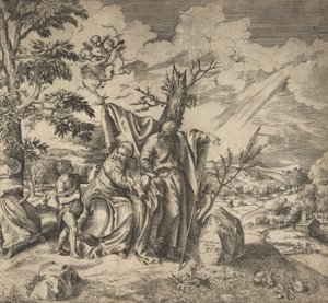Zbytek Svaté rodiny na jejich útěku do Egypta, 1531-76. od Giulio Bonasone