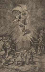 Vzkříšení Krista, v pravici drží korouhev, vojáci obklopující t..., 1561. od Giulio Bonasone