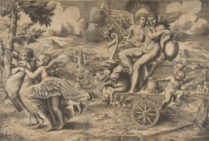 Triumf Cupida a Psyché, kteří sedí na voze taženém dvěma ptáky, odpočívají..., ca. 1550-67. od Giulio Bonasone