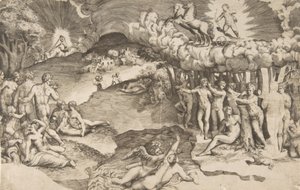 Triumf lásky, Amor jedoucí na voze taženém jednorožcem je vpravo nahoře, nahý ..., 1545. od Giulio Bonasone