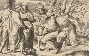 Dva satyrové přinášející Silena krále Midase stojícího vlevo, 1531-76.