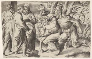 Dva satyrové vedou Silena ke králi Midasovi, který stojí vlevo se dvěma mužskými průvodci..., ca. 1550-80. od Giulio Bonasone