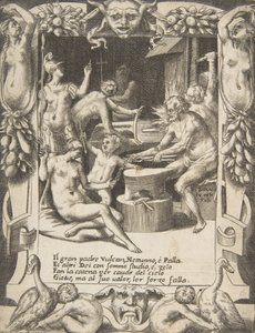 Vulkán, Neptun, Athéna a další bohové vytvářejí okovy, aby vytáhli Jupitera z nebes..., 1531-76. od Giulio Bonasone