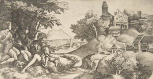 Vlevo čtyři pastýři s hudebními nástroji sedící pod skupinou stromů..., ca. 1517