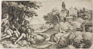 Pastýři v krajině od Giulio Campagnola