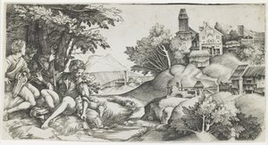 Pastýři v krajině, c. 1517-1518 od Giulio Campagnola
