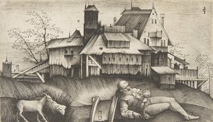 Starý pastýř ležící v krajině, budovy za nimi, koza a ovce do t..., ca. 1500-1515. od Giulio Campagnola