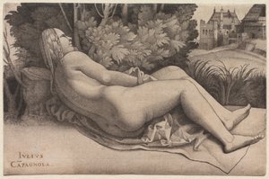 Venuše ležící v krajině, kolem 1508-09 od Giulio Campagnola