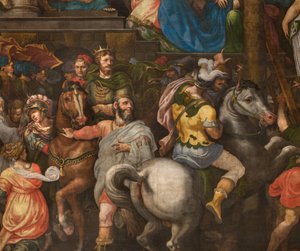 Stěna naproti protifasádě jižní transeptu, Giuseppe Campi, Triumph of Mordecai 1567, Detail spodní část od Giulio Campi